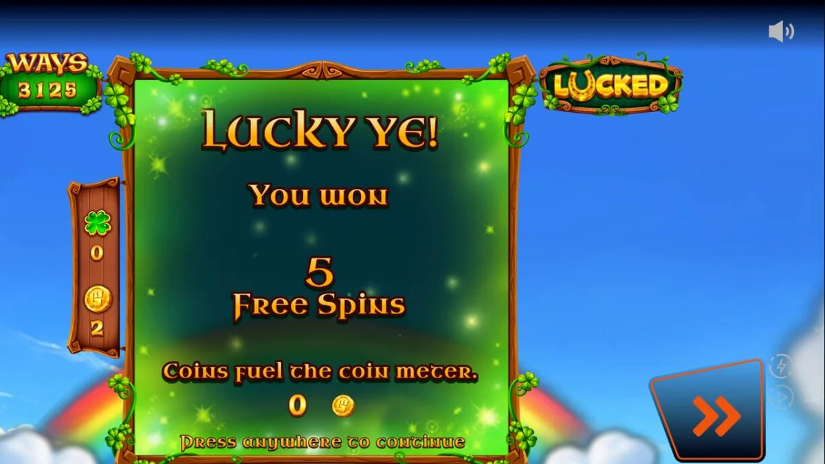 Tampilan visual slot Lucked dengan tema lembah hijau Irlandia dan Leprechaun.