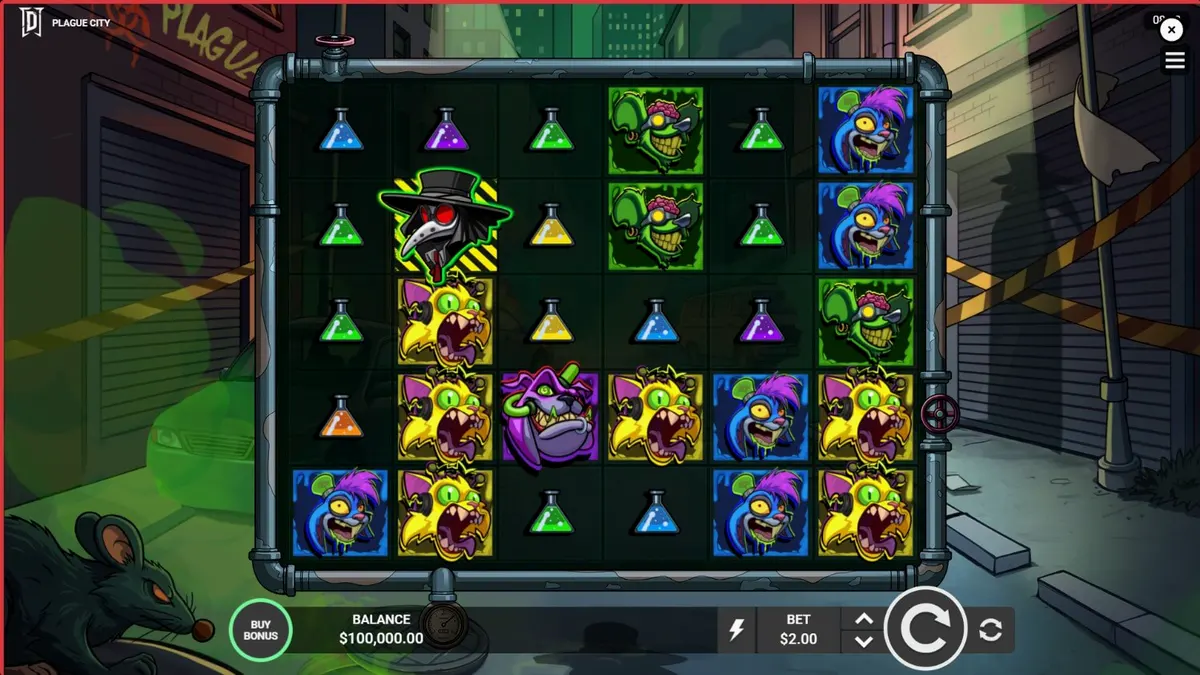 Tampilan visual slot Plague City dengan tema apokaliptik